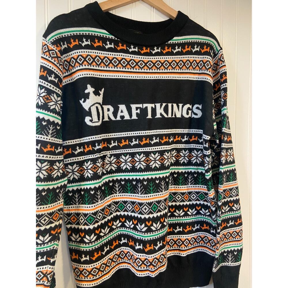 DraftKings Ugly Christmas Sweater Mens Large Knit Black Fair Isle Holiday - Picture 2 of 4